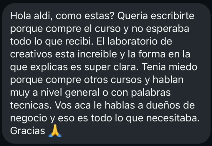 Mensaje de Cami por Instagram contando qué le pareció el curso